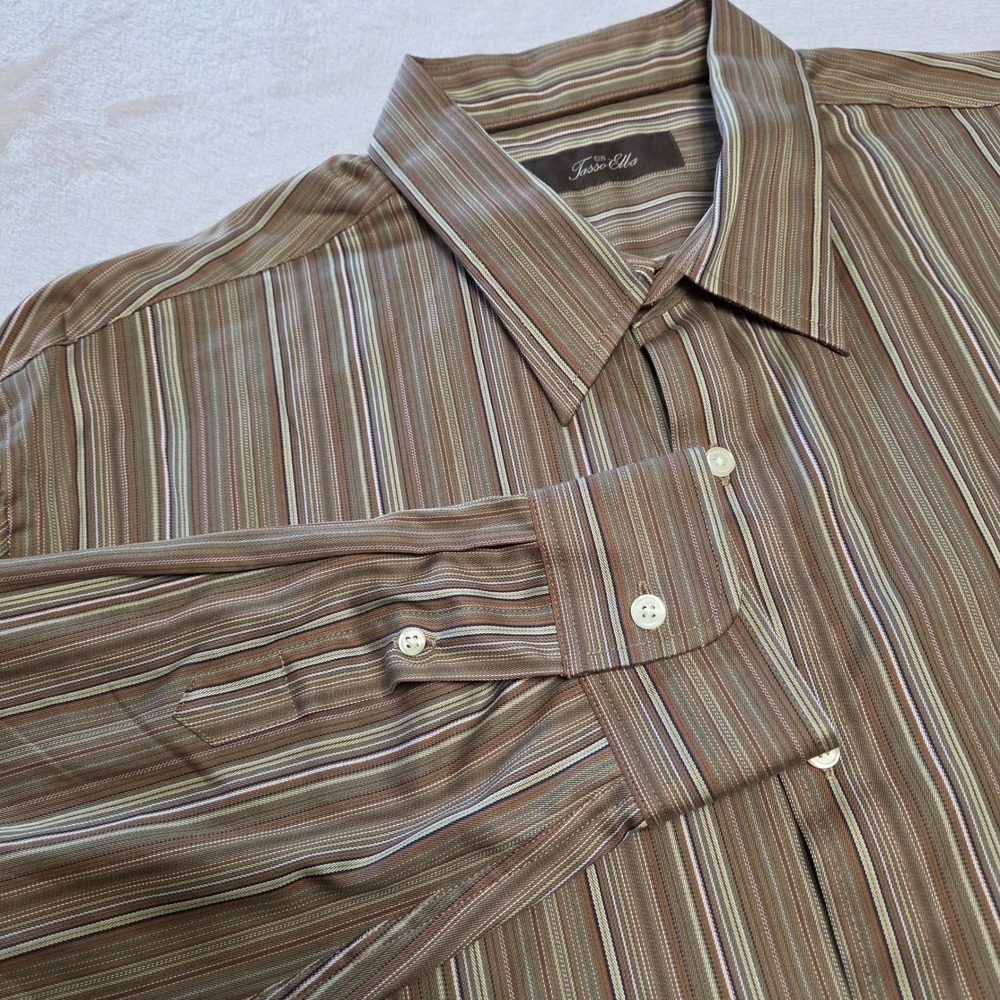 Tasso Elba Mens 2XL Brown Green Striped Long Sleeve Button Down Shirt Academia
